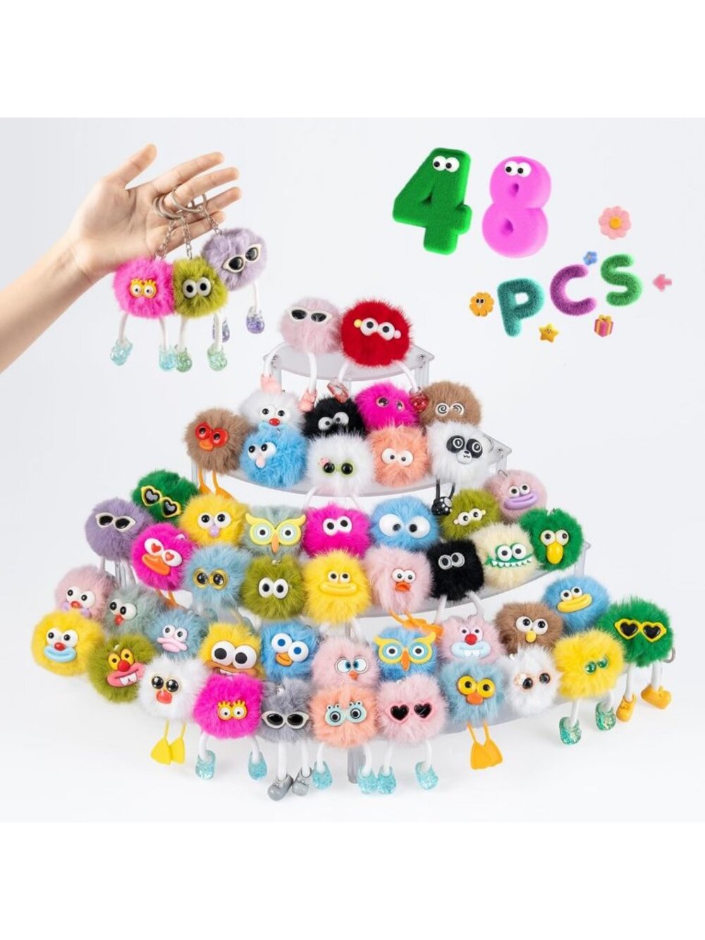 48 PCs Cute Keychains - Fun Backpack Charms, Party Favors & Birthday Gifts